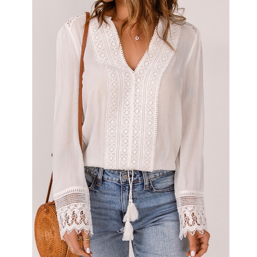 White Bohemian Crochet Detail V Neck Blouse